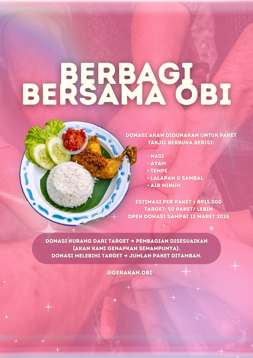 kaylamlia's tweet photo. Ramadan ini kami memilih untuk berbagi π€
Open Donation Takjil
π Bogor | 14 Maret 2026
Sekecil apa pun kontribusinya sangat berarti.
Info & transparansi donasi di instagram @gerakan.obi β¨
#RamadanBerbagi #DonasiTakjil #GerakanBaik #BogorBerbagi #Sedekah #KebaikanMenular https://t.co/Ba5W99mlnX