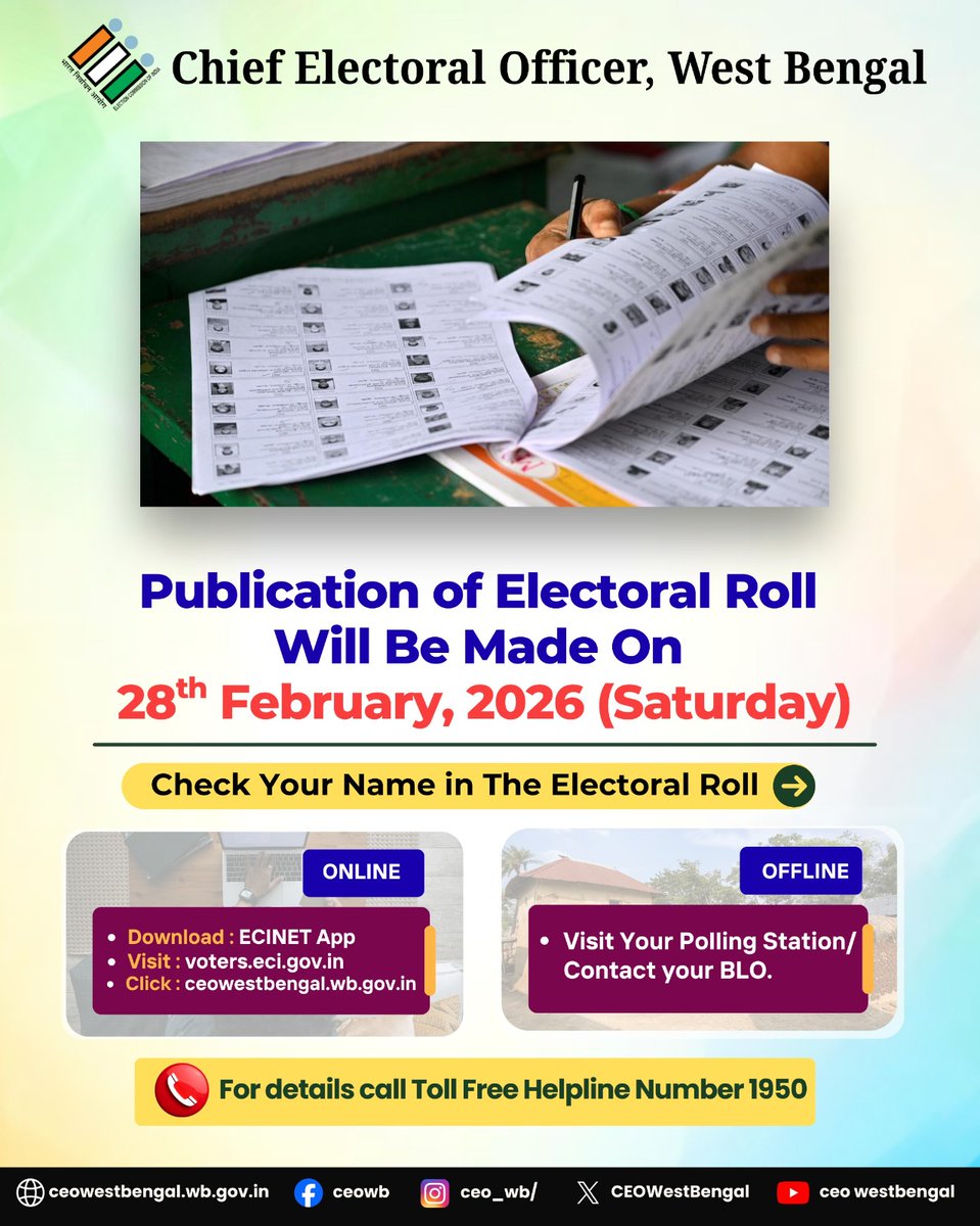 CEOWestBengal's tweet photo. Electoral Roll will be published on 
 February 28, Saturday.

How to check your name in the Voter List?
#SIR #ROLL
@ECISVEEP @SpokespersonECI @PIBKolkata @airnews_kolkata https://t.co/fs08Qnw2cj