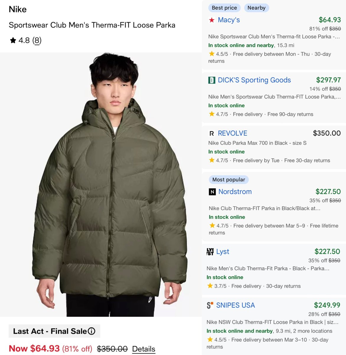 GlitchedDeals's tweet photo. 81% OFF NIKE CLUB PARKA JACKET

Macy’s dropped the price to $64, getting a discount of $285+ now

Retailers like Nordstrom have the same jacket listed at $230

Comes with FREE shipping, many sizes still in stock

https://t.co/WqwI5QyUYF #ad https://t.co/DR4vR1l0RW