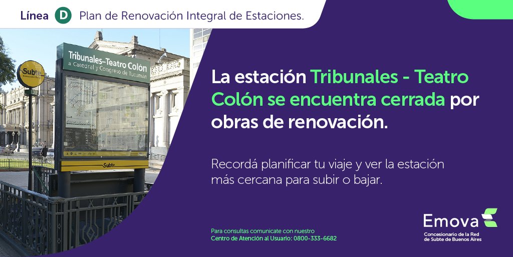 Emova_arg's tweet image. 🚨 ¡Atención usuarios!

👉 La estación Tribunales - Teatro Colón de la #LíneaD se encuentra cerrada por obras de renovación.
