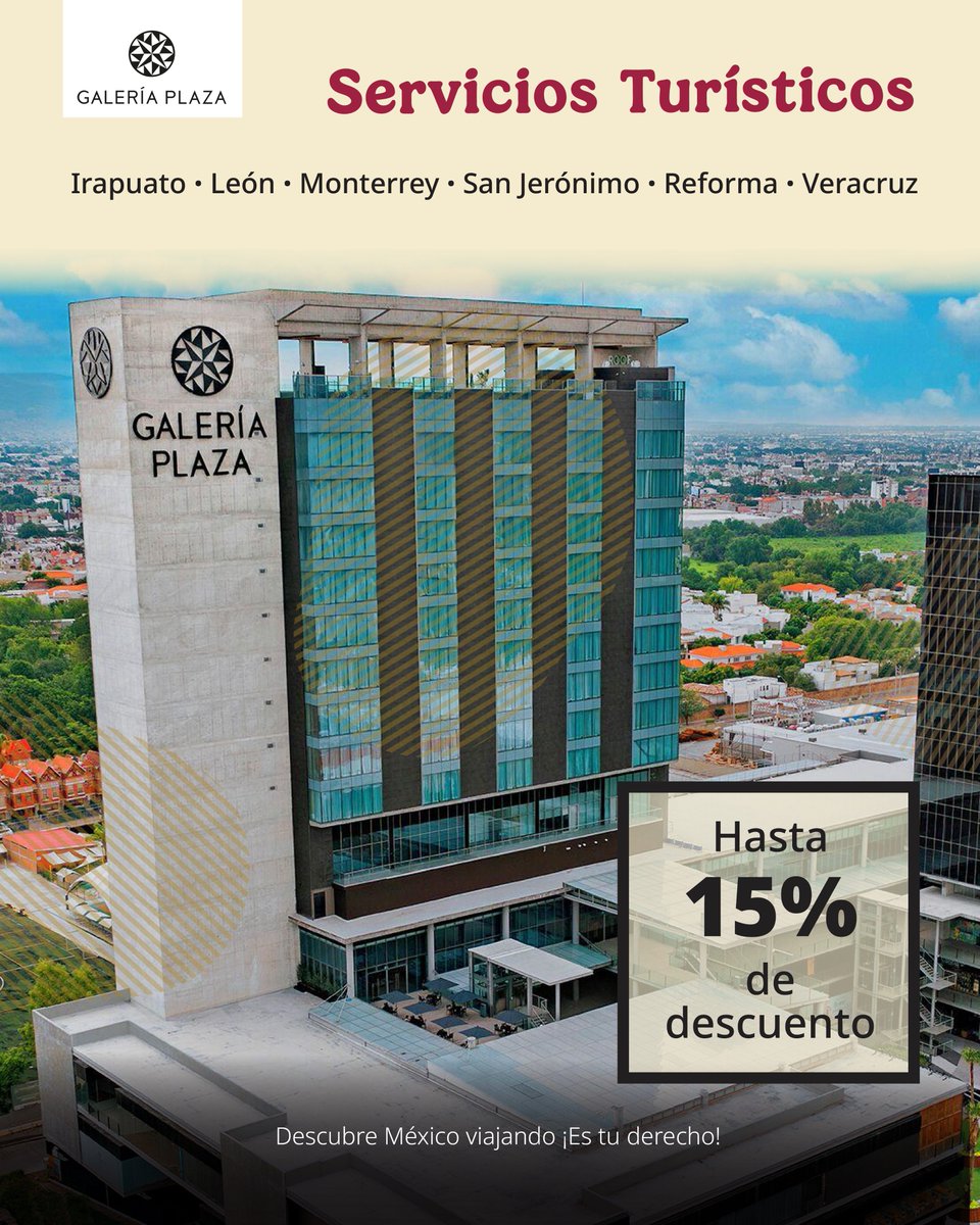 Tu viaje comienza desde donde decides hospedarte. 🏨✨

En Galería Plaza encuentras confort, ubicación privilegiada y el respaldo ideal para descubrir México. 🇲🇽

Aprovecha hasta 15% de descuento con <a href="/GpoBrisas/">Grupo Brisas</a> y <a href="/TurismoISSSTE/">Servicios Turísticos del ISSSTE</a> .

📩 #TeAsesoramos