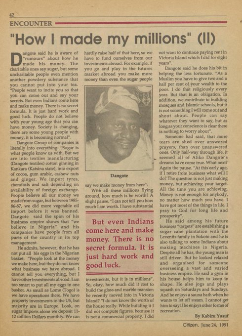 StartArchiving's tweet photo. Dangote in 1991

"People look at the money we make here (in Nigeria), but they do not know what business we have abroad. I cannot tell you everything, but I have other investments abroad. I am too smart to put all my eggs in one basket."

Source: Citizen https://t.co/zKsjdNg4YJ