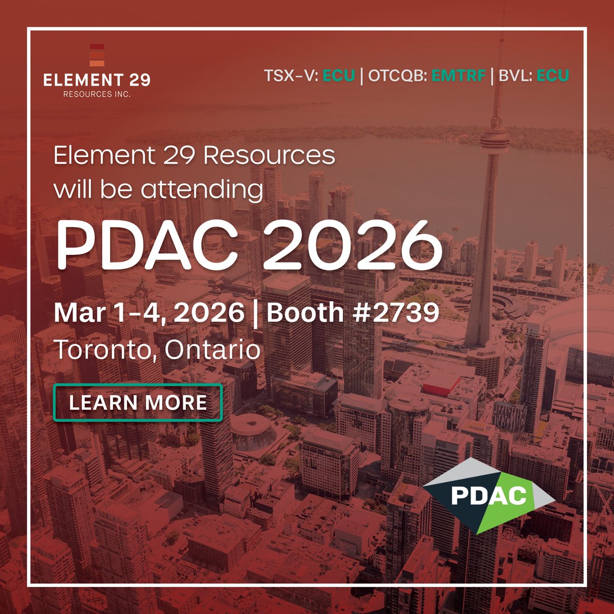 Element 29 will be attending PDAC 2026 in Toronto from March 1-4

📍Visit us at Booth #2739 to meet the team and discuss the latest developments at Elida, including core from our recent drill results and the next steps as we advance toward a Tier-1 copper deposit.

📅 Book a 1x1