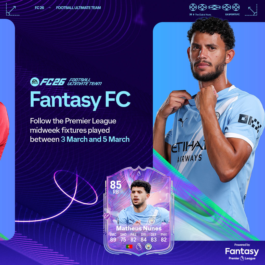 premierleague's tweet photo. Fantasy Premier League meets Fantasy FC.

Real-world points. Real upgrades.
Matchweek 29 decides.

Available in FUT from 28 February. Follow the Premier League action from 3–5 March. ⚽ 📈

#FC26