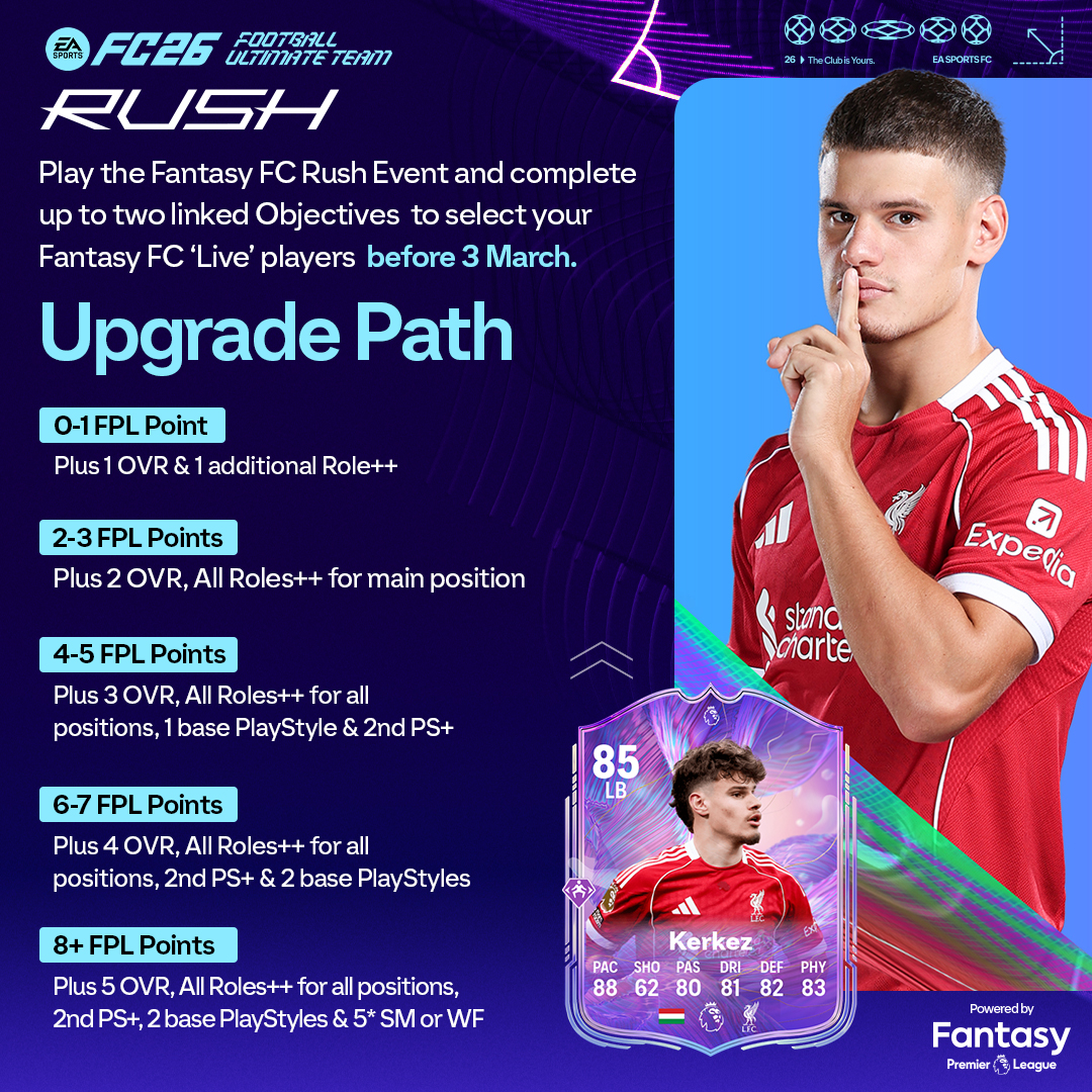 premierleague's tweet photo. Fantasy Premier League meets Fantasy FC.

Real-world points. Real upgrades.
Matchweek 29 decides.

Available in FUT from 28 February. Follow the Premier League action from 3–5 March. ⚽ 📈

#FC26