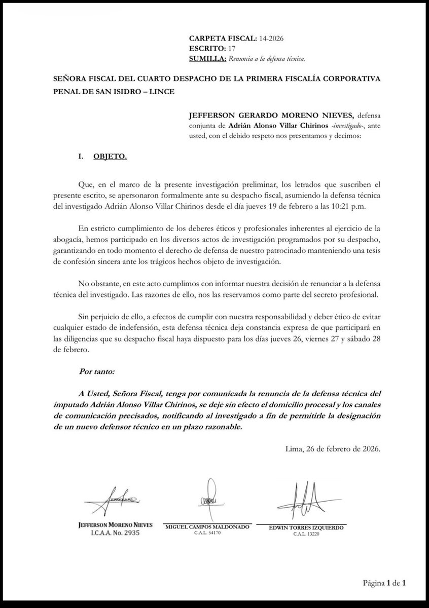 El <a href="/CALPERUOFICIAL/">Colegio de Abogados de Lima</a> debe abrir de oficio proceso administrativo contra el abogado Jefferson Moreno, quien dijo que Villar pasó dosaje etílico y estaba en shock en una clínica tras atropello de Lizeth Marzano, pese a la renuncia como abogado defensor de Villar