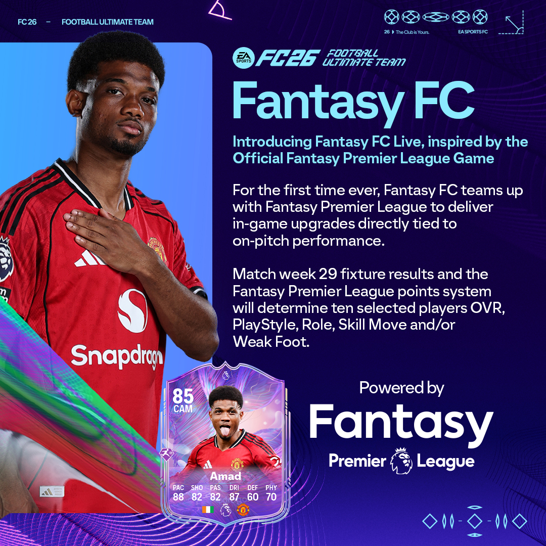 premierleague's tweet photo. Fantasy Premier League meets Fantasy FC.

Real-world points. Real upgrades.
Matchweek 29 decides.

Available in FUT from 28 February. Follow the Premier League action from 3–5 March. ⚽ 📈

#FC26