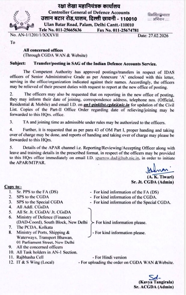 h_pongilath's tweet photo. Controller General of Defence Accounts - Transfer & Postings in #SAG of the Indian Defence Accounts Service
✓Shri. M.S. Saravanan,#IDAS, (2004) will be the new CDA of #Chennai
#CGDA #Bengaluru #Defence #Ambala #Chandigarh #Mumbai #Kolkata #Pune #NewDelhi #Meerut https://t.co/p1an8P5829