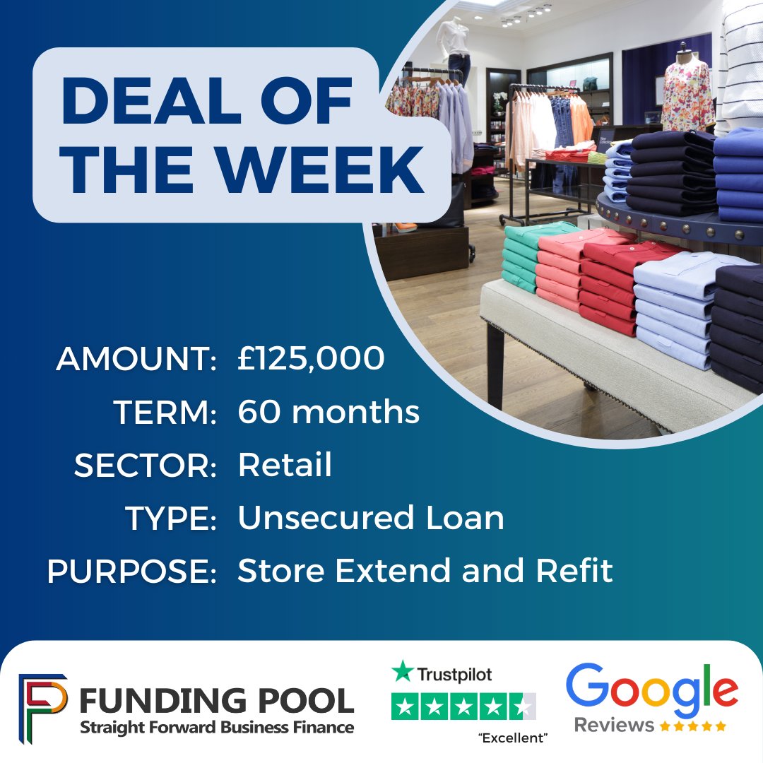 FundingPool's tweet photo. Deal of the Week: 

✅ £125k unsecured loan
✅ Store extension &amp; refit
✅ Fast, simple application process

We’re always ready to help you explore your funding options.

#RetailBusiness #StoreRefit #BusinessExpansion #UnsecuredBusinessLoan #BusinessFunding #UKSmallBusiness https://t.co/h7Z5mPhxLG