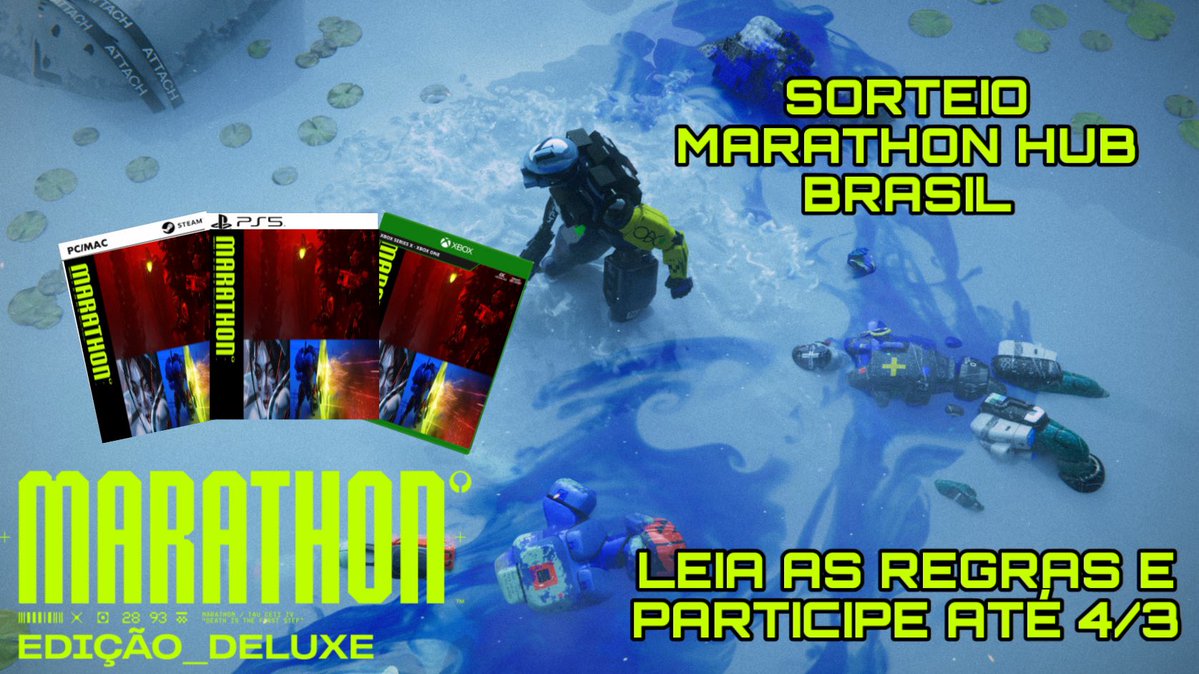 COISA BOA PRA VOCÊS! 🔥

Vou sortear uma cópia da edição deluxe de Marathon para a plataforma da sua escolha. Para participar leia e siga as seguintes regras: 

•Seguir <a href="/MarathonHubBR/">Marathon Hub Brasil 🇧🇷</a> 
•Dar like + RT nessa publicação 
•Comentar sua plataforma
Ganhador será divulgado dia 4/3 🐛
