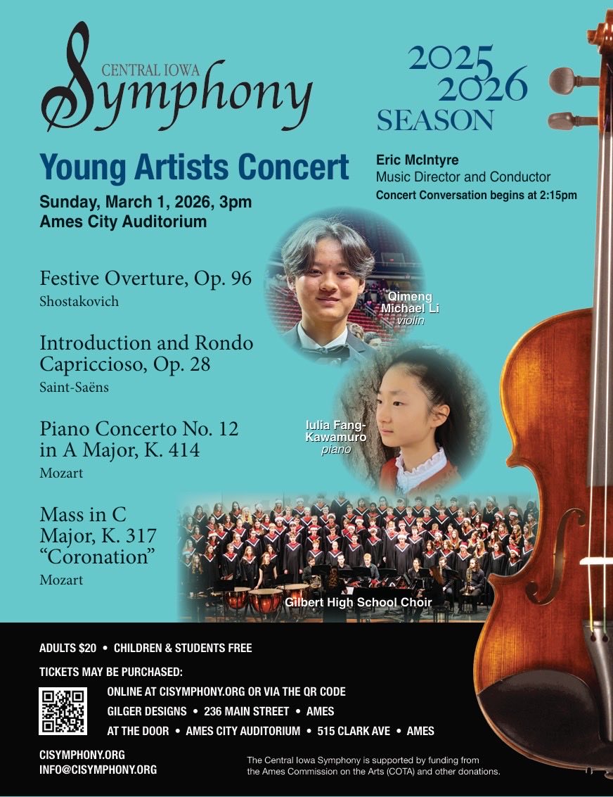 FineBoosters's tweet photo. Come on out to support our Gilbert Tigers 9-12 choir as they perform at the Young Artists Concert on Sunday, March 1 at 3 PM at Ames City Auditorium! https://t.co/uhhhEGCA7h