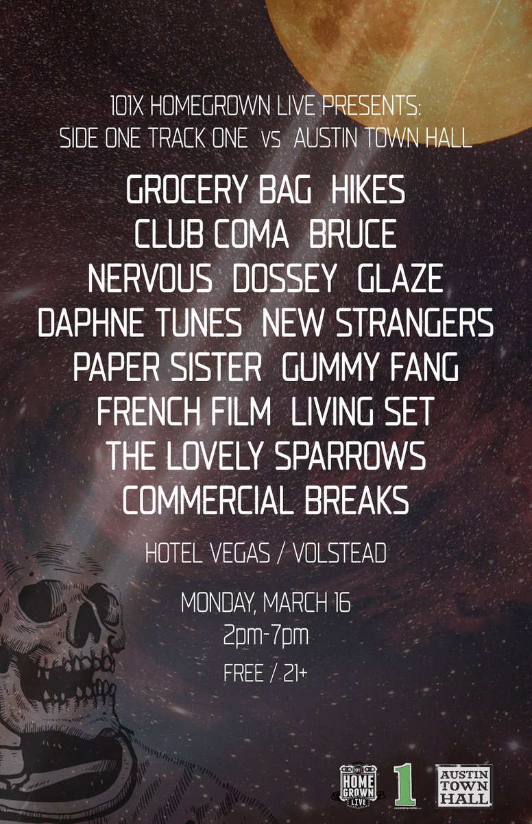SideOneTrackOne's tweet photo. Side One Track One vs @austintownhall returns to @HotelVegasATX &amp; Volstead on Monday, 3/16 from 2pm-7pm! Join us for a lineup consisting of 15 great Austin artists, including Grocery Bag, Hikes, BRUCE, and more. FREE! Presented by @101XHomegrown.

RSVP: https://t.co/UoZVKP4HWc https://t.co/IWvSsLJq4m