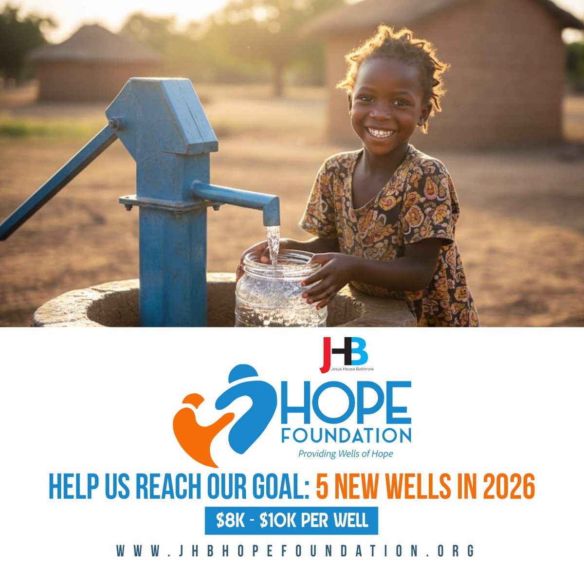 JHBHope's tweet photo. 💧 Clean water changes everything.

It brings health, dignity, opportunity — and hope.

In 2026, JHB Hope Foundation is working toward 5 new wells in communities that need them most. 

Will you partner with us?

Give today at https://t.co/wcBL27EbdJ
#WellsOfHope https://t.co/rQHtp1mOjy
