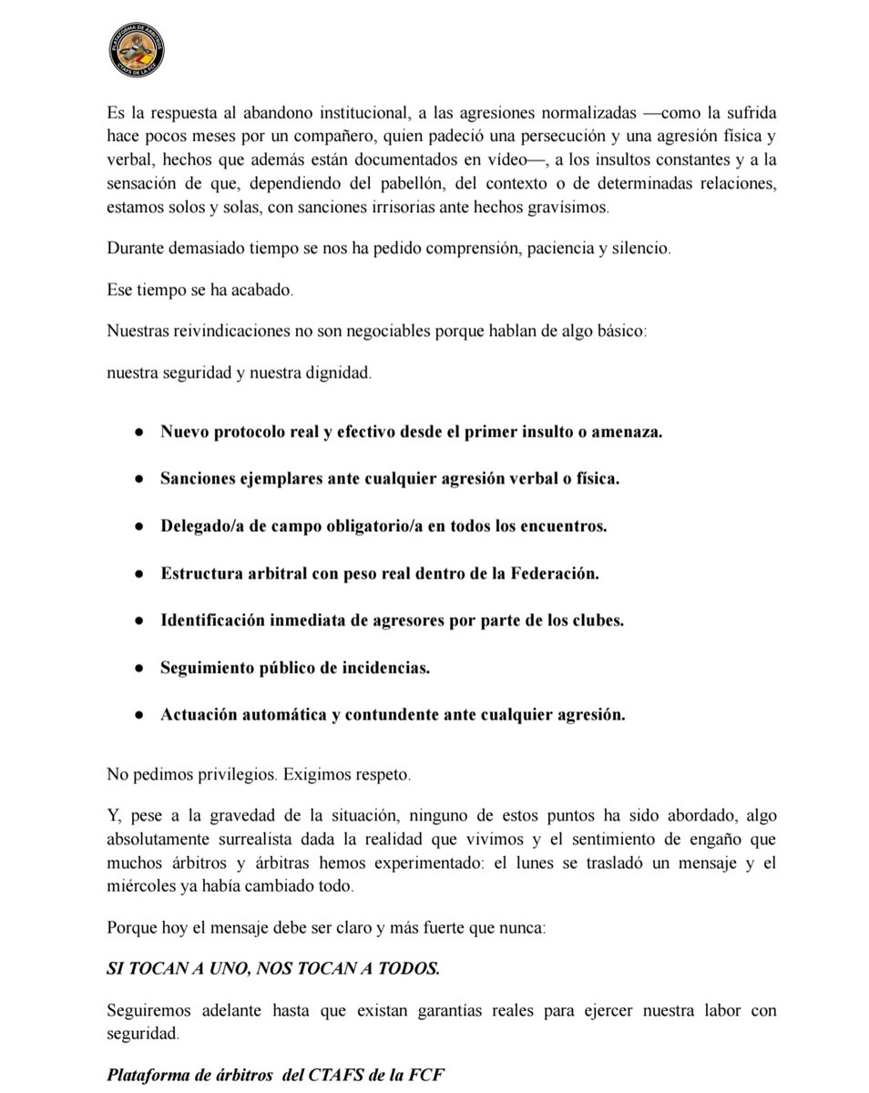 Les coses a lloc i 'la terra per a qui la treballa': la vaga dels àrbitres del #futsalcat NO l'organitza la <a href="/FCF_CAT/">Federació Catalana de Futbol</a> sinó els àrbitres. El 'pal' a Calle, Marce, Bomba, Sagrera i Rubén és duríssim i vergonyós. Llegiu el que els mitjans subvencionats no publiquen
#futbolcat