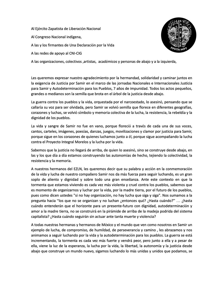 fpdtampt's tweet photo. 🔥 ¡SAMIR VIVE!¡LA LUCHA SIGUE!
Agradecimiento
🌱Por las movilizaciones y solidaridad en las Jornadas Nacionales e Internacionales "Justicia para Samir y Autodeterminación para los Pueblos"
🐌Frente de Pueblos en Defensa de la Tierra y el Agua Morelos, Puebla, Tlaxcala
#SamirVive https://t.co/is77bgAgU3