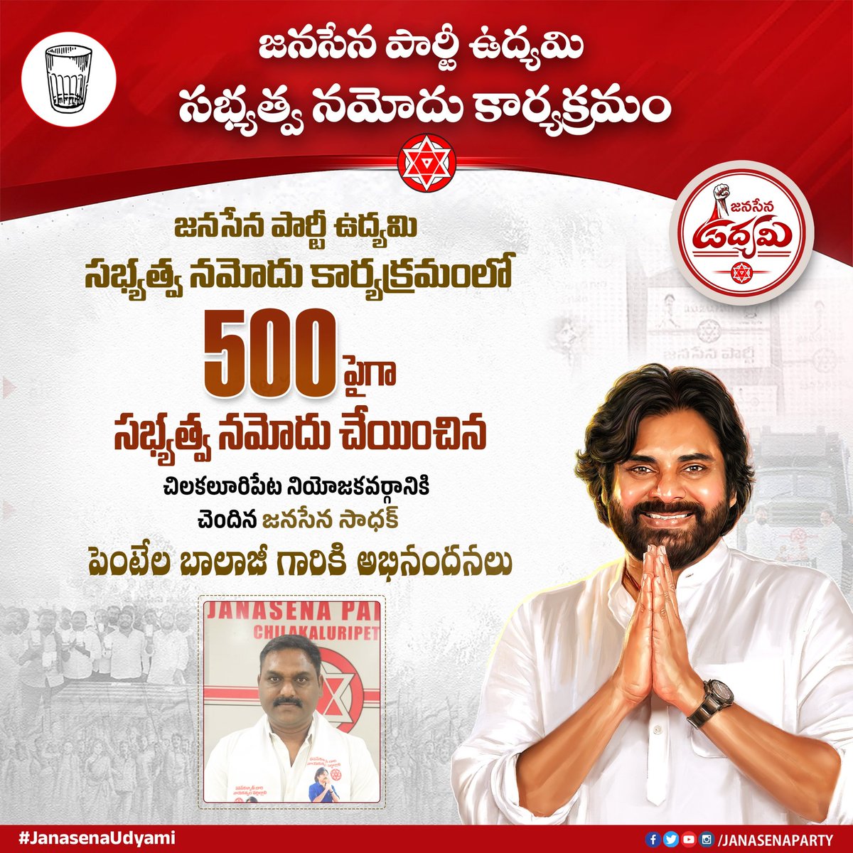 JanaSenaParty's tweet photo. జనసేన పార్టీ ఉద్యమి సభ్యత్వ నమోదు కార్యక్రమం

జనసేన పార్టీ ఉద్యమి సభ్యత్వ నమోదు కార్యక్రమంలో భాగంగా 500 పైగా సభ్యత్వాలు నమోదు చేసిన చిలకలూరిపేట నియోజకవర్గంకు చెందిన జనసేన సాధక్ పెంటేల బాలాజీ గారికి అభినందనలు.

#JanasenaUdyami https://t.co/RBDVZS1NFO