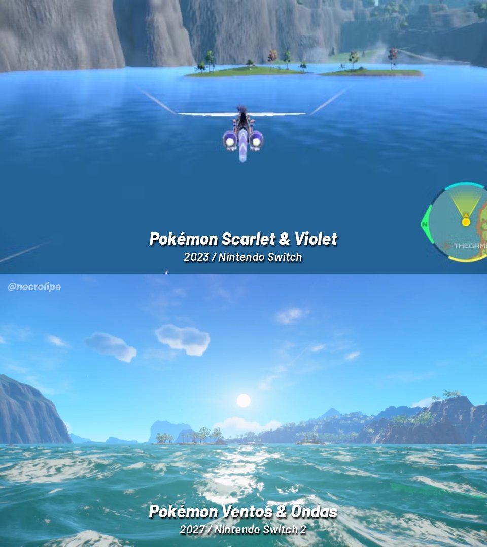 Um comparativo gráfico entre a água renderizada na nona e na décima geração de Pokémon (em desenvolvimento):