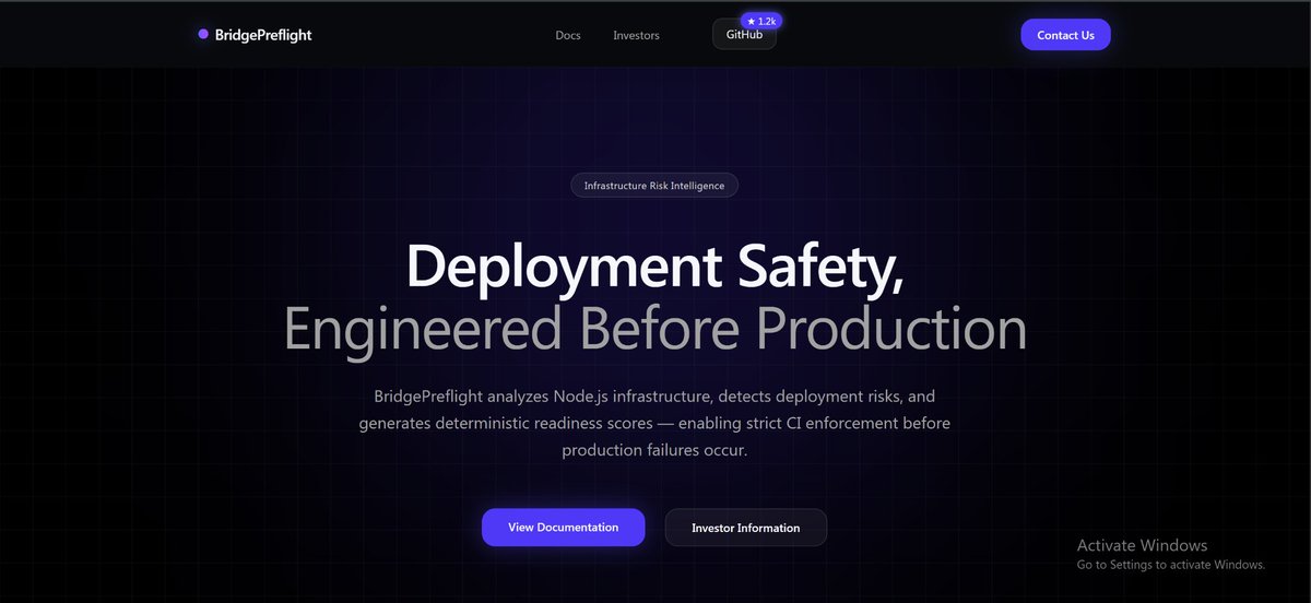 BuiltByJesse's tweet photo. @StephanieInii BridgePreflight

The Deployment Risk Intelligence Platform

BridgePreflight is a production-readiness scanner that analyzes your codebase before deployment and generates a structured Deployment Risk Score.

Visit https://t.co/eCedYL55NY to read full documentation. https://t.co/P53WRP5adn