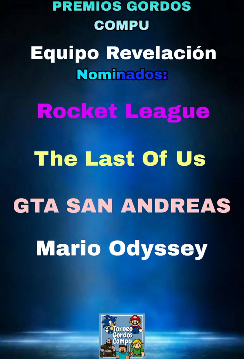 Equipo revelación:
Nominados:

Rocket League (<a href="/yisus_delegado/">Yisusss</a> )

The Last of Us (<a href="/Alejand89901047/">𝑼𝒏𝒊𝒐𝒏𝒊𝒔𝒕𝒂 𝒆𝒏𝒇𝒖𝒓𝒆𝒄𝒊𝒅𝒐⚔️🤍🖤🐂</a> )

GTA SAN ANDREAS (<a href="/pepesa91218/">Pepesa</a> )

Mario Odyssey (<a href="/Yosoydagyn/">Darlyn</a> )