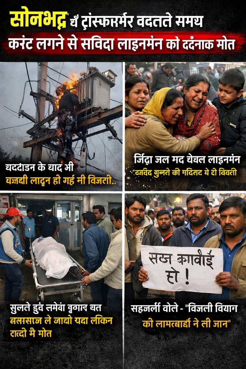 सोनभद्र में ट्रांसफार्मर बदलते समय एक संविदा लाइनमैन (संतोष कुमार)की करंट लगने से दर्दनाक मौत हो गई। 😢

बताया जा रहा है कि शटडाउन लेने के बाद भी अचानक लाइन चालू हो गई और वह जिंदा जल गए।

एक परिवार ने अपना कमाने वाला सदस्य खो दिया…

दो बच्चों के सिर से पिता का साया उठ गया।
आखिर