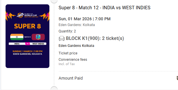 AadiBoyGamer1's tweet photo. Kolkata IND vs WI. got 2 TICKET Stand K1 Dm If anyone Wants  #T20WorldCup2026 #Kolkata #INDvsWI https://t.co/91ywyhsVkc