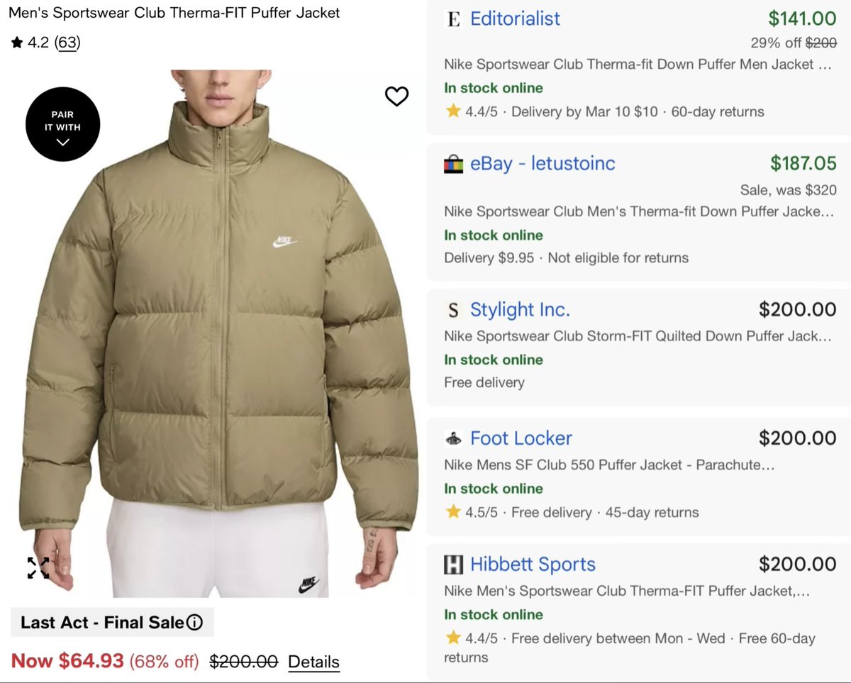 glitchaddicts's tweet photo. LOWEST PRICE EVER ON NIKE PUFFER JACKET

Macys has this listed at $64, other retailers have this listed at $140+ 

Save $140 with this huge price cut, 5 colors available at this price

https://t.co/QRa4NfB1N1 #ad https://t.co/6qfEvMmXnE