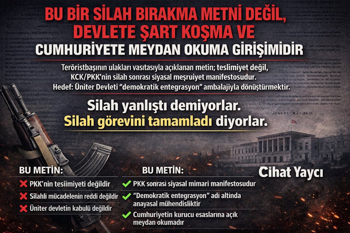🔴 Cihat Yaycı Ter#ristbaşının ulakları vasıtasıyla açıklanan metin:

Silahı bırakma metni değil, Devlete şart koşma ve Cumhuriyete meydan okuma girişimidir.

1. Ana hedef; KCK/PKK’nin askerî bir yapı olmaktan çıkıp, ideolojik–hukuksal bir siyasal aktör olarak