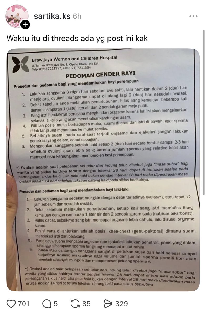 Nemu di threads...
Ini beneran kalo mau bikin anak ada pedomannya? Ku kira mitos belaka, secara sains gada. Tapi ini pedoman dari RS Brawijaya😭😭

Maaf aku belum menikah dan berhubungan, numpang tanya yang udah nikah. Apakah memang berpengaruh?🙏

Just sharing...