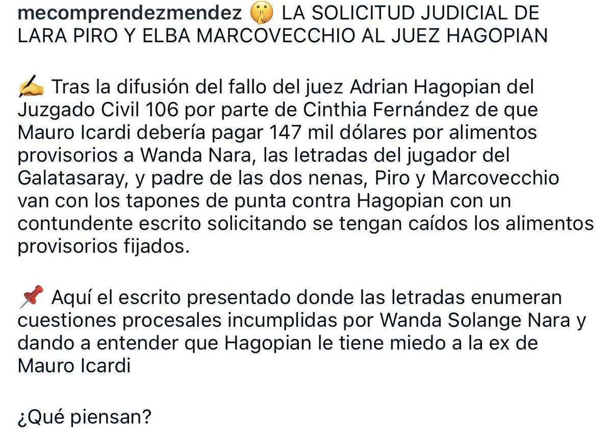 #PAPELETA 

LA SOLICITUD JUDICIAL DE PIRO Y MARCOVECCHIO DONDE ENUMERAN Y EVIDENCIAN INCUMPLIMIENTOS PROCESALES POR PARTE DE WANDA NARA Y DAN A ENTENDER QUE EL JUEZ HAGOPIAN LE TIENE MIEDO A LA EX DE MAURO ICARDI