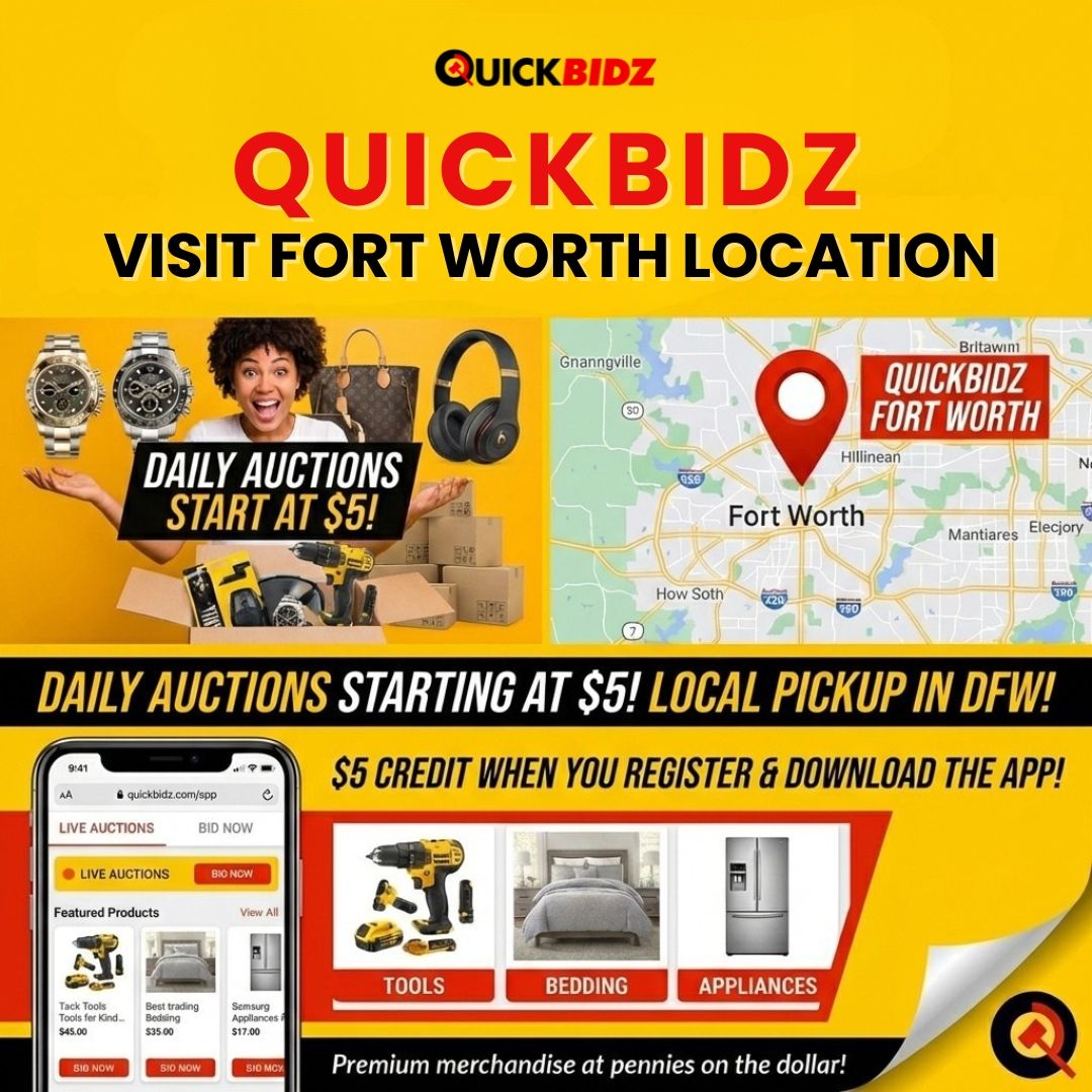 quicklotz's tweet image. Discover unbeatable deals and pick up your auction wins in person at our main Fort Worth store—your treasure awaits right on the map! 🚚📍 #QuickLots #FortWorthTX #AuctionLife #InPersonPickup #DealHunters #ShopSmart #LiveAuctions #TreasureHunt