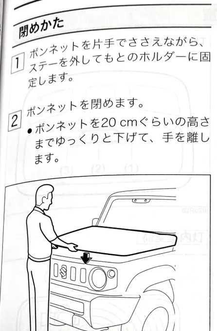 ボンネットフードの開け方は知ってても、閉め方知らない人多いですよね。
ボンネットは歩行者保護のためヤワに作ってあるので手で押したら凹みます。
正しくは20cmくらいの高さから自由落下です。 