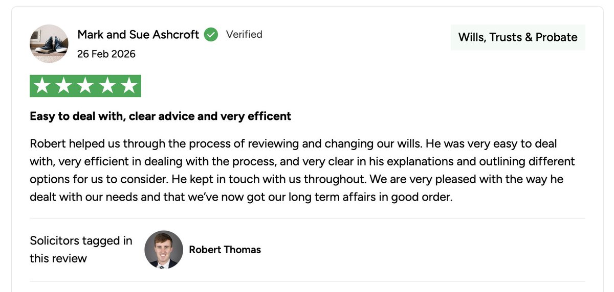 Morecrofts's tweet image. Easy to deal with, clear, efficient + communicative! All the things we pride ourselves on. A fantastic review to end the week. Well done to #Solicitor Rob Thomas and team!
Read more independently verified reviews on Review Solicitors, or click the green tab on our homepage.