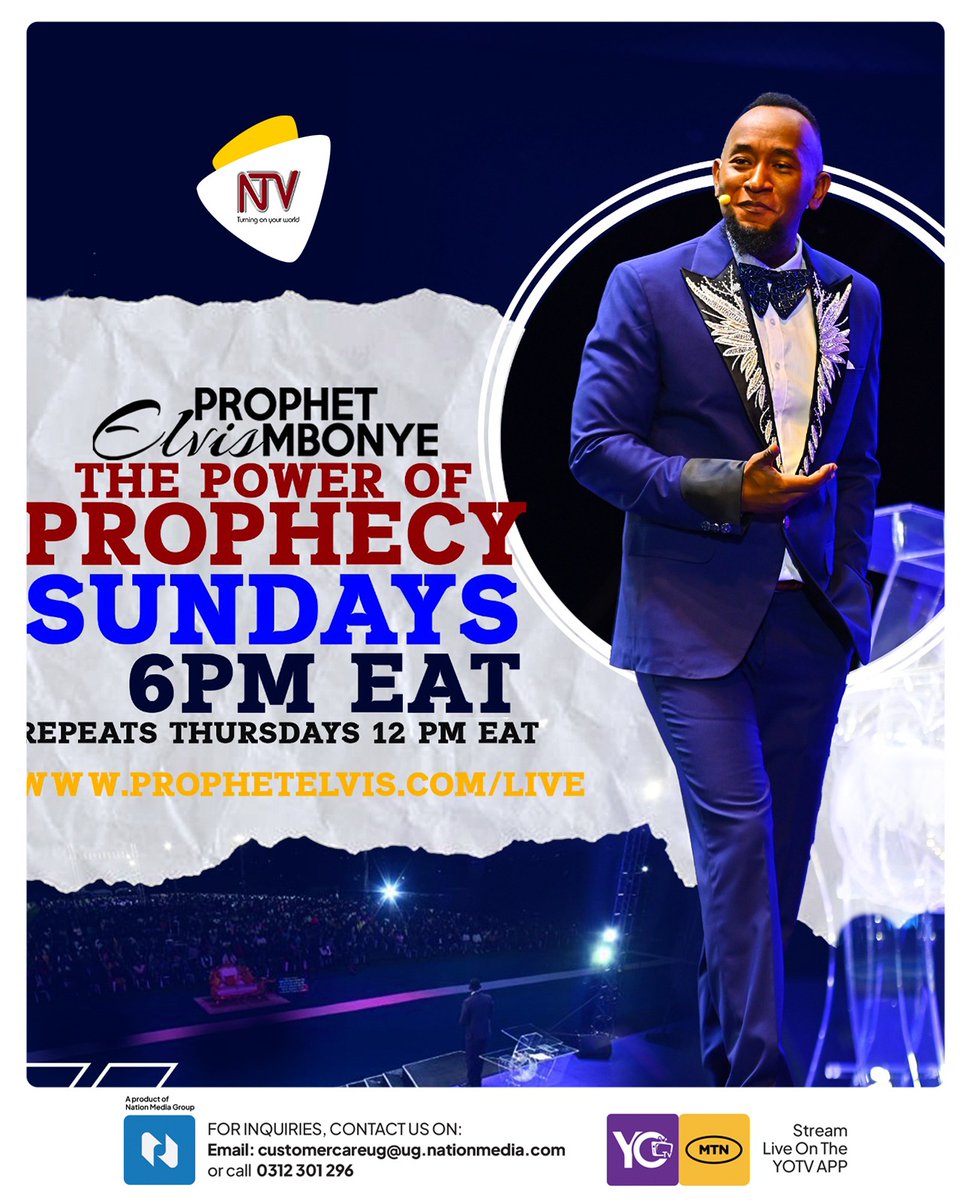 ntvuganda's tweet photo. This Sunday at 6 PM, join Prophet Elvis Mbonye and unlock the power of prophecy. 
A moment of revelation awaits you.
#ProphetElvisMbonye https://t.co/4zfPuLGCQK