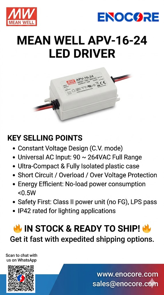 enocorecom's tweet photo. Reliable 24V C.V. LED driver needed? 💡
The compact Mean Well APV-16-24 is perfect for sleek lighting designs.  🔥 IN STOCK AT ENOCORE! Fast Shipping!🛒 Order: https://t.co/dFWEaT2sab📲 Email: sales@enocore.com #MeanWell #LEDDriver https://t.co/4OkGQ2UzLI