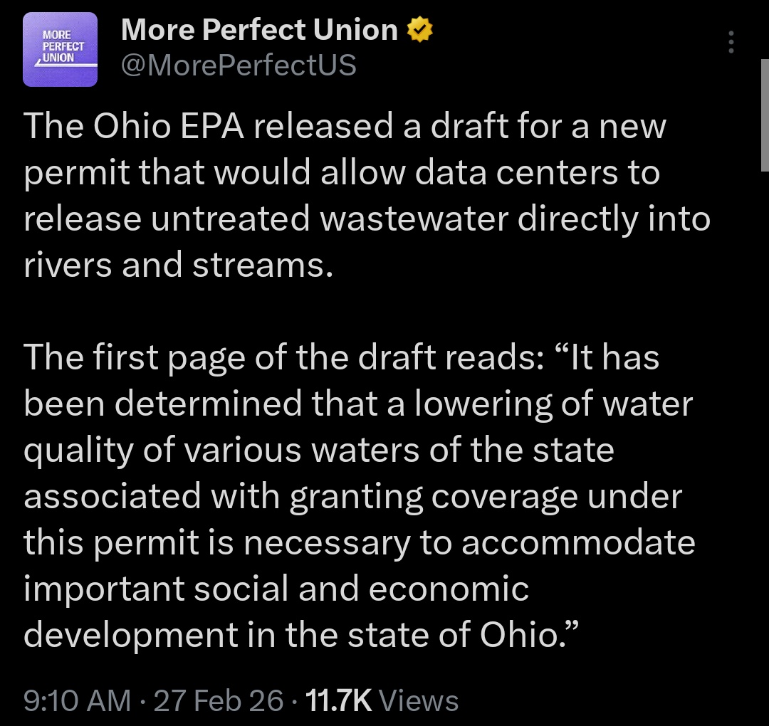 Here it is Ohio. 

The Ohio EPA has decided that data center wastewater being dumped into Ohio's waterways, and lowering our water quality is acceptable. 

Lake Erie and the Ohio River sustain Ohio's high quality water tables, by acting as aquifers and a natural source of