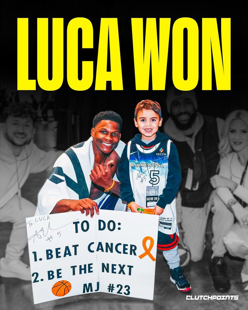 Luca Wright, the young Minnesota Timberwolves fan who gave Anthony Edwards his orange "Love Like Luca" wristband, is officially cancer-free 🙏

Luca, diagnosed with leukemia at five, met Ant last season holding a sign that said: "1. Beat Cancer 2. Be The Next MJ."

Edwards