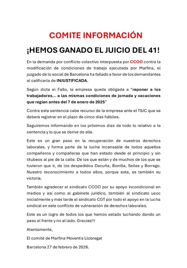 Patada en el culo a Moventis y un aviso a todas las empresas pirata ...el artículo 41( básicamente es hacer lo que quieras con tus trabajadores) no tiene cabida en una concesión pública y más si ofertas a la baja, esperamos que <a href="/Mobilitat_AMB/">Mobilitat AMB</a>... felicidades a los ex-Rosanbus