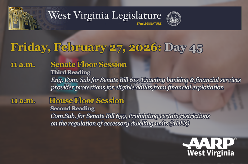 AARPWV's tweet photo. Today at @wvlegislature: @wvsenate action expected on SB 617, enacting "report and hold" protections for banks and financial service providers in cases of suspected financial exploitation. @wvhouse has housing legislation (SB 659) re: ADUs on 2nd reading. #wvlegis https://t.co/nvtXR7vbMT