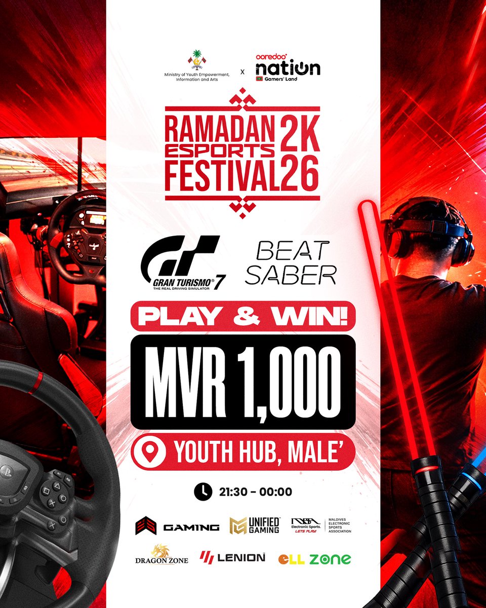 Join us tonight at the Ramadan Esports Festival 2K26 and win exciting prizes! 🕹️

Step up, play Beat Saber or GT7 and stand the chance to win MVR 1000 🏆

📍 Youth Hub, Malé
⏰ 9:00PM - 12:00AM
📆 27th &amp; 28th Feb 2026 

Bring your friends, take your shot and see if you’ve got