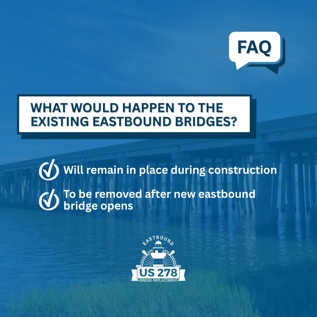 scdot278's tweet photo. 💡FAQ: What would happen to the existing eastbound bridges?

To learn more and read the rest of our FAQs, head to https://t.co/FAhvlC0qUp.

#US278 #HiltonHeadIsland #Bluffton https://t.co/rrYTOl7pl8