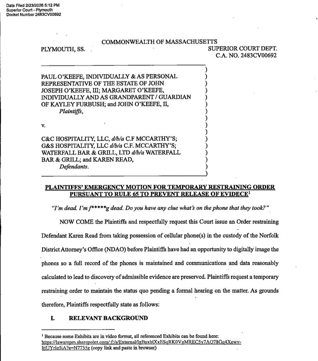 Breaking News:

Recalled the O’Keefe’ s Attorney Diller phoning in last week during Karen Read’s hearing to retrieve her phone?

And Judge Dooling gave him till Monday to send his nonsense over?

Attached is it guys. Aiden Kearney illegal wiretapping of Karen Read is what Diller