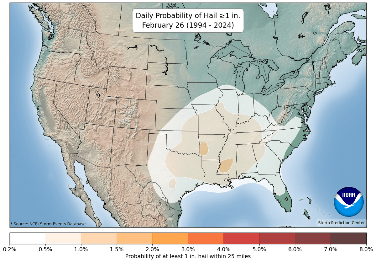 weathertrackus's tweet photo. Well, yesterday featured a localized hail outbreak across parts of the Deep South, perhaps even a tornado in the Trussville, AL area.
Even some significant hail reports mixed in as well.

Climatologically, severe hail is by no means unheard of across the Mid/Deep-South in late February, but hail climatology generally peaks in late April-early May.
