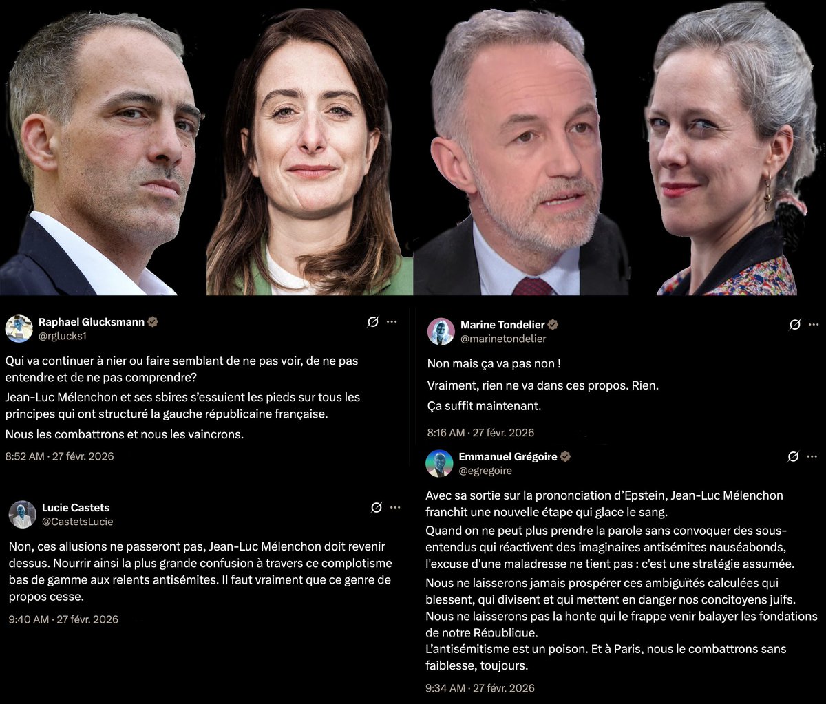 Raphaël Glucksmann (<a href="/rglucks1/">Raphael Glucksmann</a>), Marine Tondelier (<a href="/marinetondelier/">Marine Tondelier</a>), Emmanuel Grégoire (<a href="/egregoire/">Emmanuel Grégoire</a>), Lucie Castets (<a href="/CastetsLucie/">Lucie Castets</a>) et les autres, vous ne débattez pas : vous souillez. À force d'instrumentaliser l'antisémitisme, vous le prostituez. En attachant à Jean-Luc