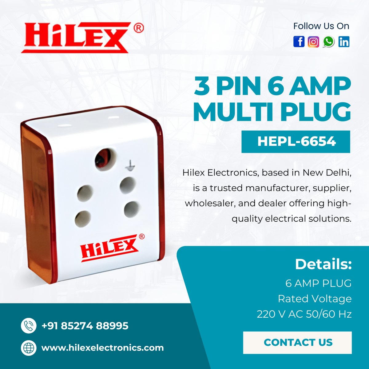 Elect85071Hilex's tweet image. Power your world with reliability. 🔌

📞 Call us: +91 85274 88995
🌐 Explore more: hilexelectronics.com

#Hilex #MultiPlug #6Amp #Electricals #PowerSolution #TravelEssential #HomeEssentials #MadeForConvenience