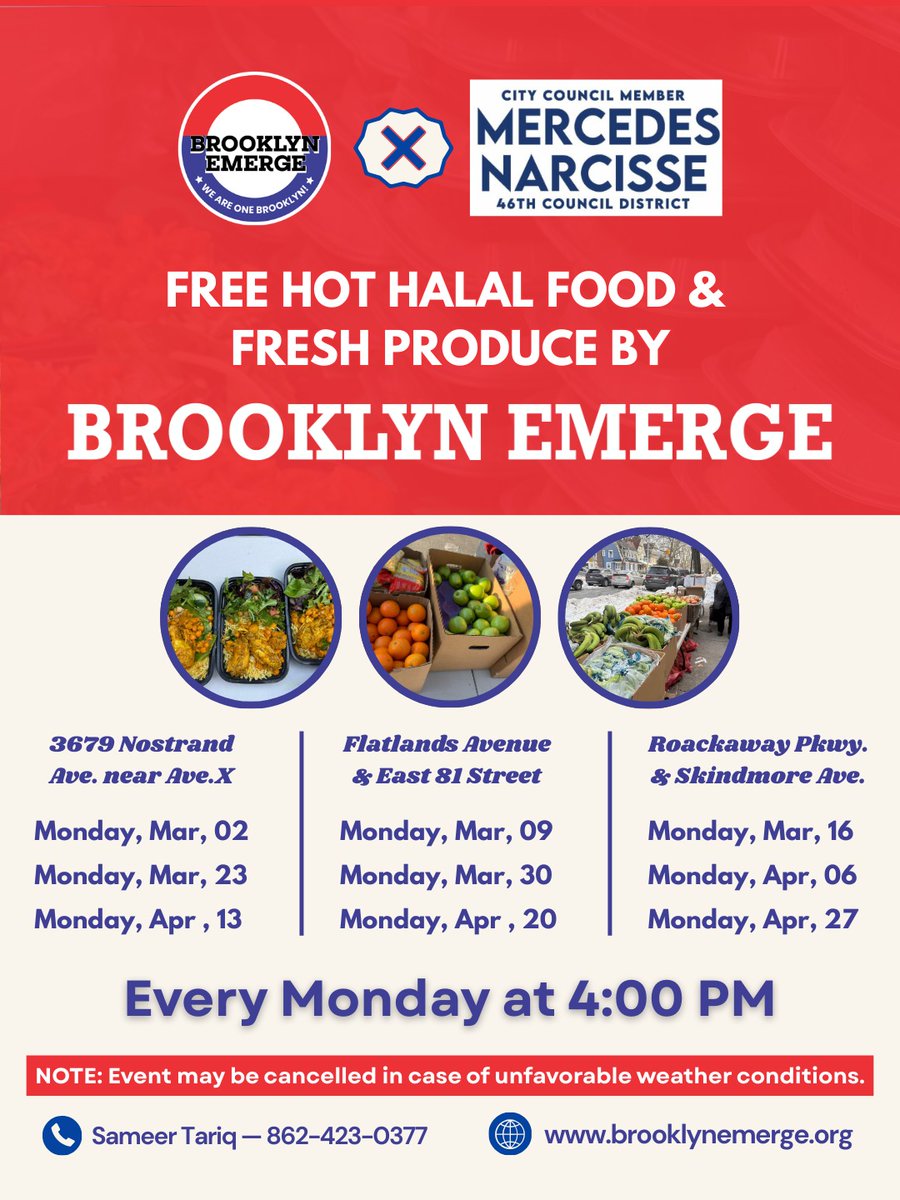 EmergeBrooklyn's tweet image. Free hot halal meals and fresh produce.
Every Monday at 4 PM in Brooklyn.
@mnarcissepublic

Do Share this with someone who needs it.
We are happy to serve you.

#BrooklynEmerge #foodpantry #foodforfree #freemeals #CommunityImpact #communityservice