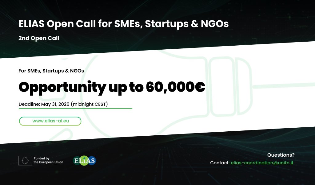 elias_project's tweet photo. 🚀 𝗘𝗟𝗜𝗔𝗦 2𝗻𝗱 𝗢𝗽𝗲𝗻 𝗖𝗮𝗹𝗹 𝗶𝘀 𝗹𝗶𝘃𝗲!

SMEs, startups &amp; NGOs: get up to €60,000 for a 6-month EU-funded AI for Sustainability project 🌱🤖

Collaborate with leading researchers &amp; gain visibility.

🗓 Deadline: May 31, 2026
🔗 Apply: https://t.co/xSYcjXmTkx https://t.co/jOOybgMy1J