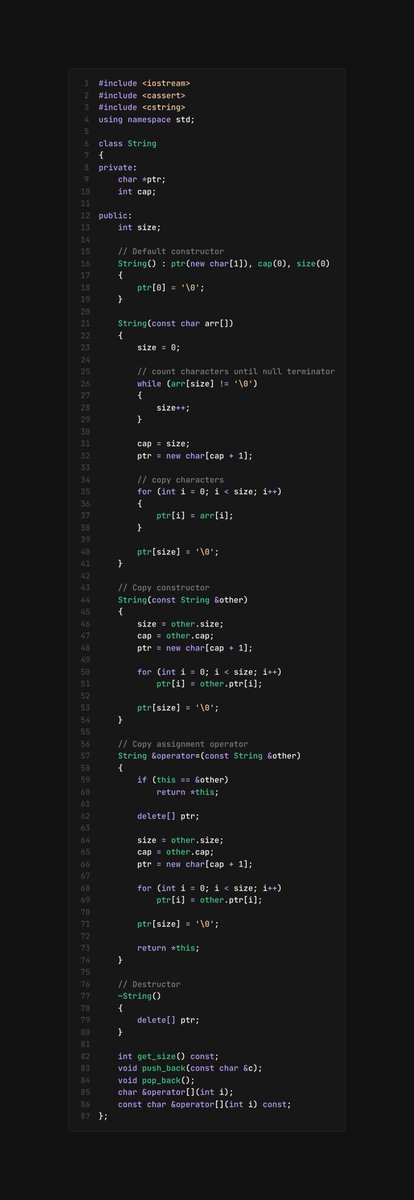KulkarniArth's tweet photo. Continuing the LLD series in C++: Implementing a basic String class from scratch.

Handles the Rule of Three (ctor, copy ctor, assignment op, dtor) to manage resources safely.

Full code: 
https://t.co/JykSjcZ7UA

today's code in @supabase color theme

#CPlusPlus #LowLevelDesign #InterviewPrep
