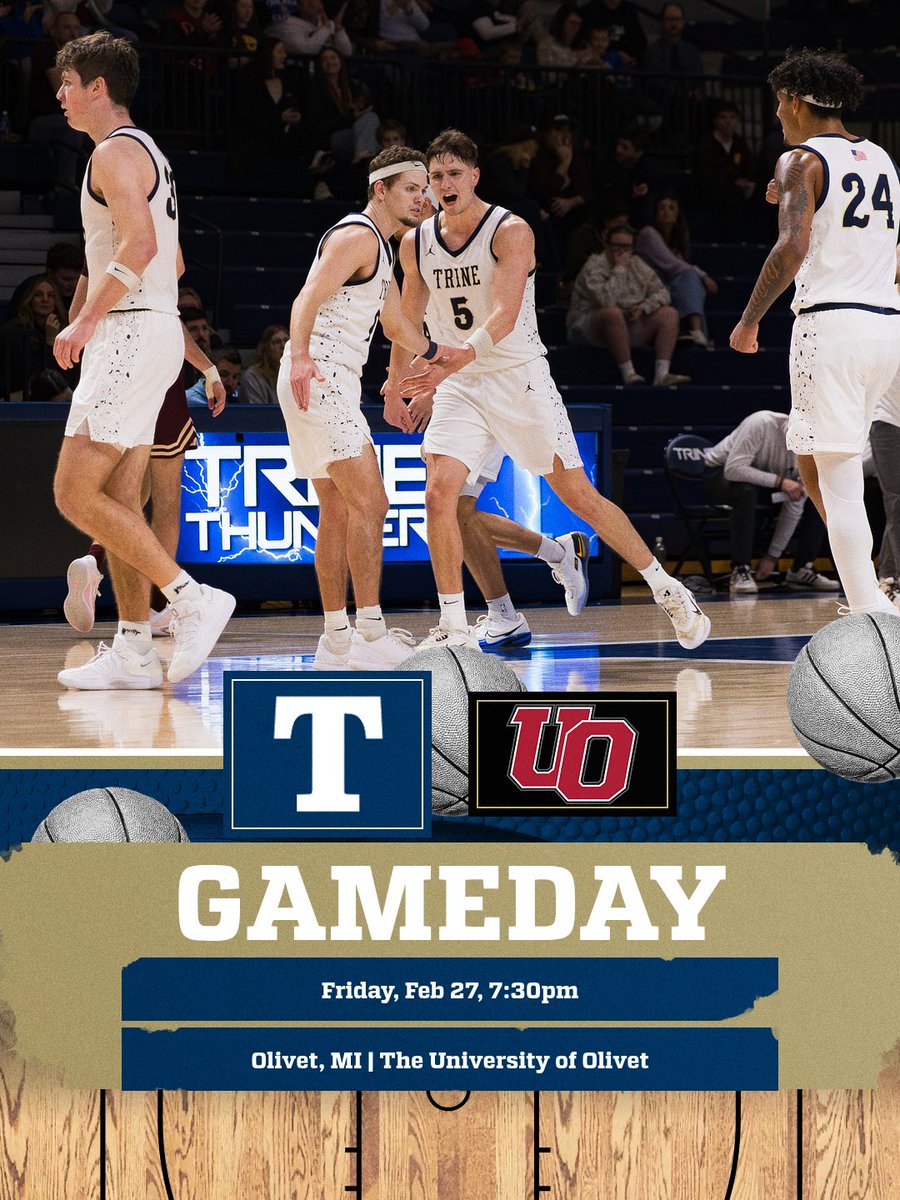 TrineThunderMBB's tweet photo. It's GAMEDAY!! 

The Thunder travel to Olivet to face the Comets in the MIAA Tournament semi-final. 

Tip-off at 7:30pm. https://t.co/aLCTiJuVlF