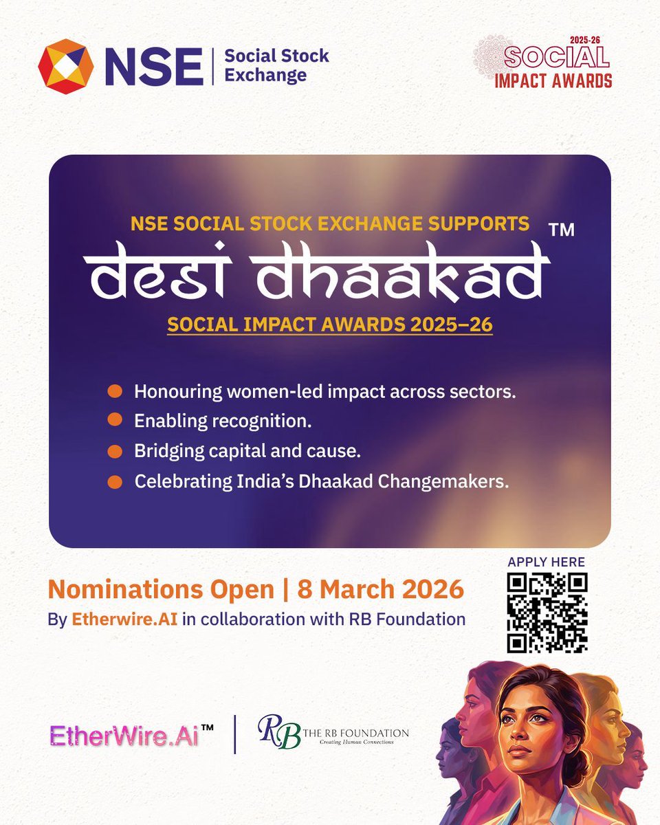 NSEIndia's tweet image. Nominations Now Open | Desi Dhaakad Social Impact Awards 2025–26 Co-hosted by NSE-SSE “Celebrating the Unstoppable Spirit of Change” NSE-SSE, in collaboration with Etherwire.AI &amp;amp; Desi Dhakaad, will co-host the Desi Dhaakad Social Impact Awards 2025–26 at NSE, Mumbai —