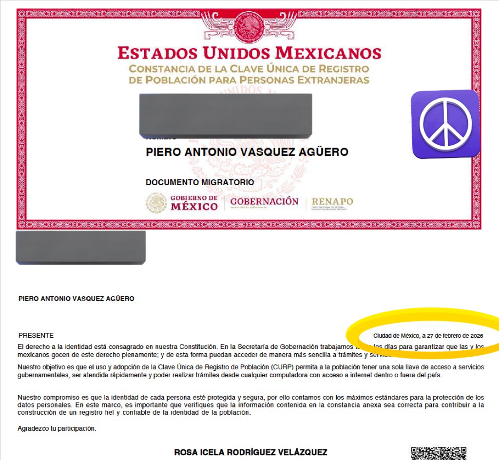 Tiene CURP porque ha vivido en MX. Ese documento que exhibes es un documento que se descarga automáticamente de un sistema que lo fecha del día dela descarga, yo tengo CURP hace 6 años creo, si lo descargo hoy, me sale con fecha de hoy. MIREN.